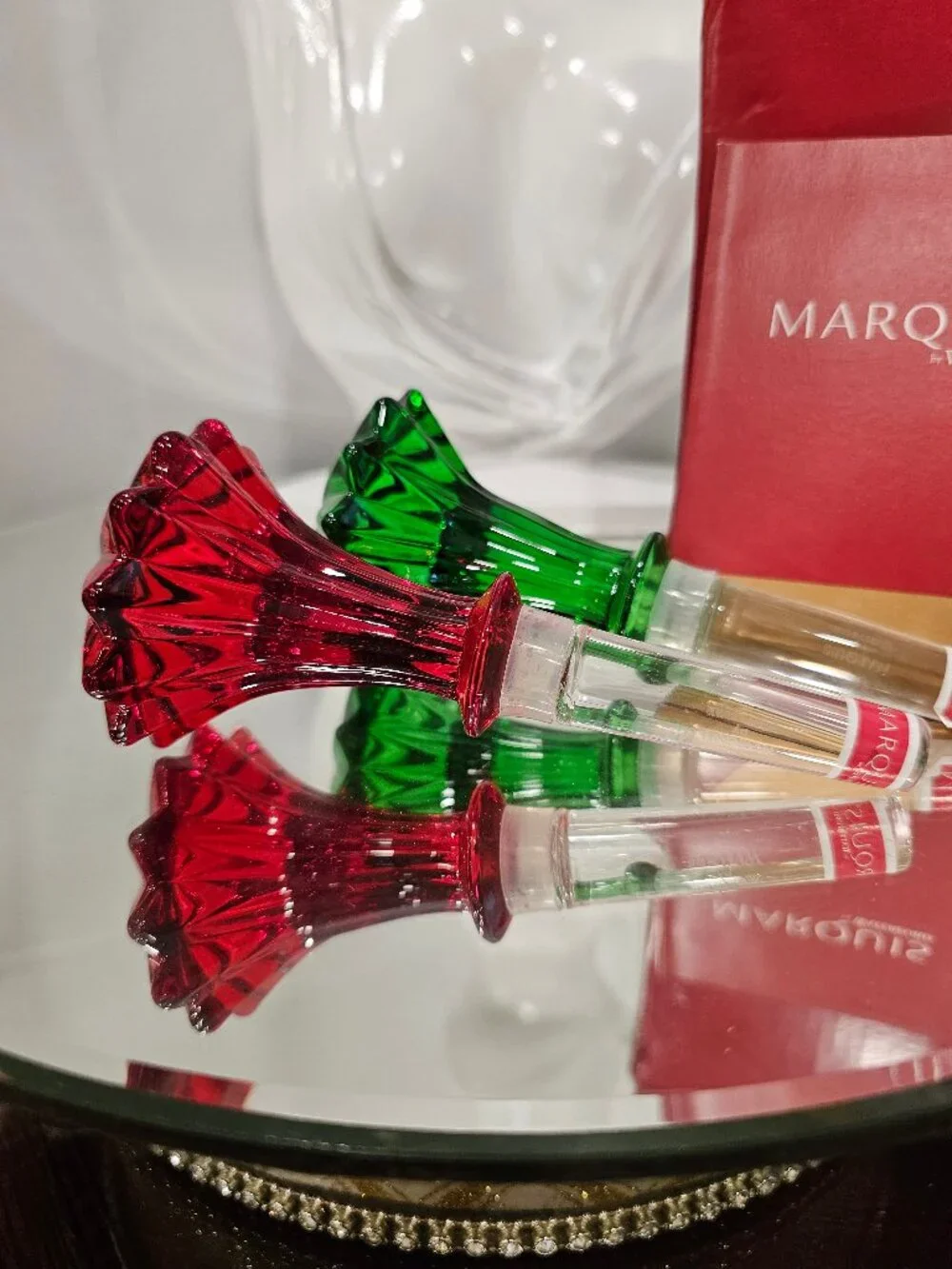 Waterford Marquis Set of 2 Vintage Crystal Wine Stoppers, red/green in Box